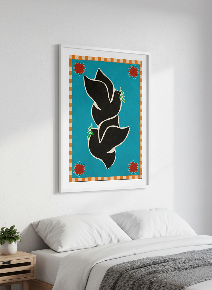 Minimalist artwork displayed in a calm, light-filled bedroom interior