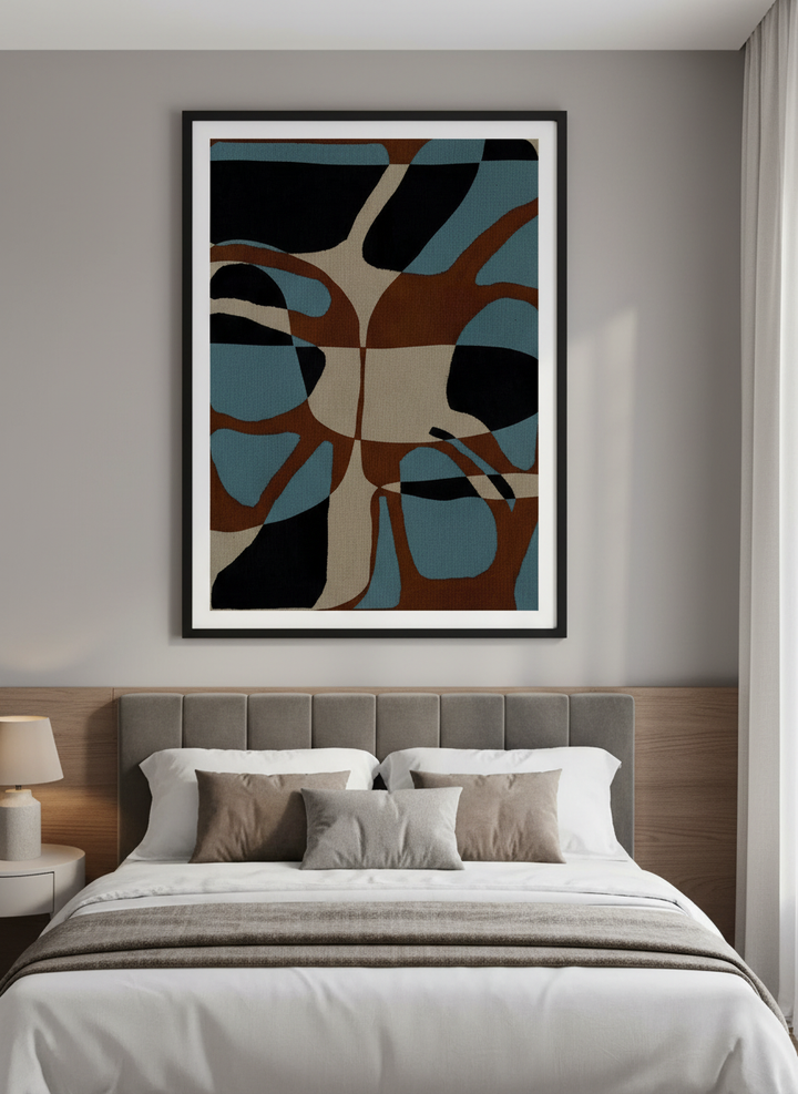 Minimalist artwork displayed in a calm, light-filled bedroom interior