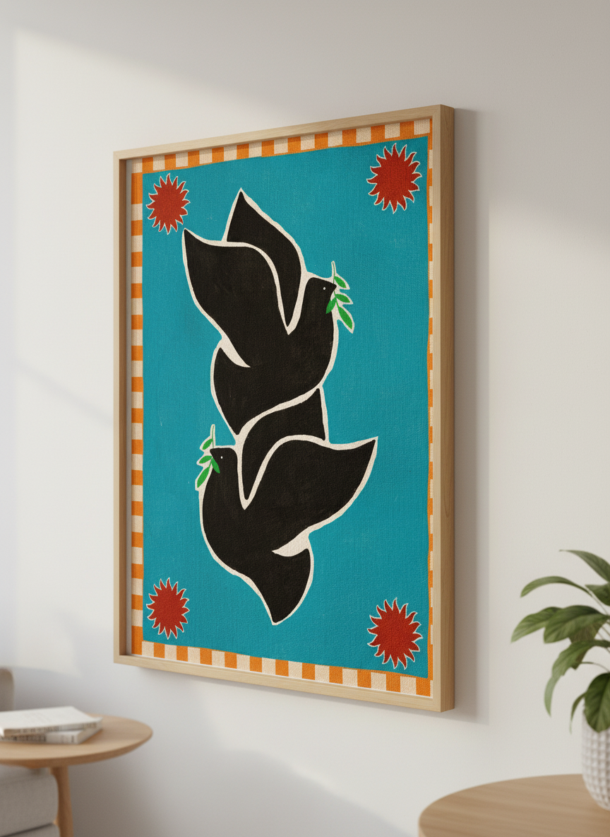 Modern wall art styled above a sofa in a neutral living room