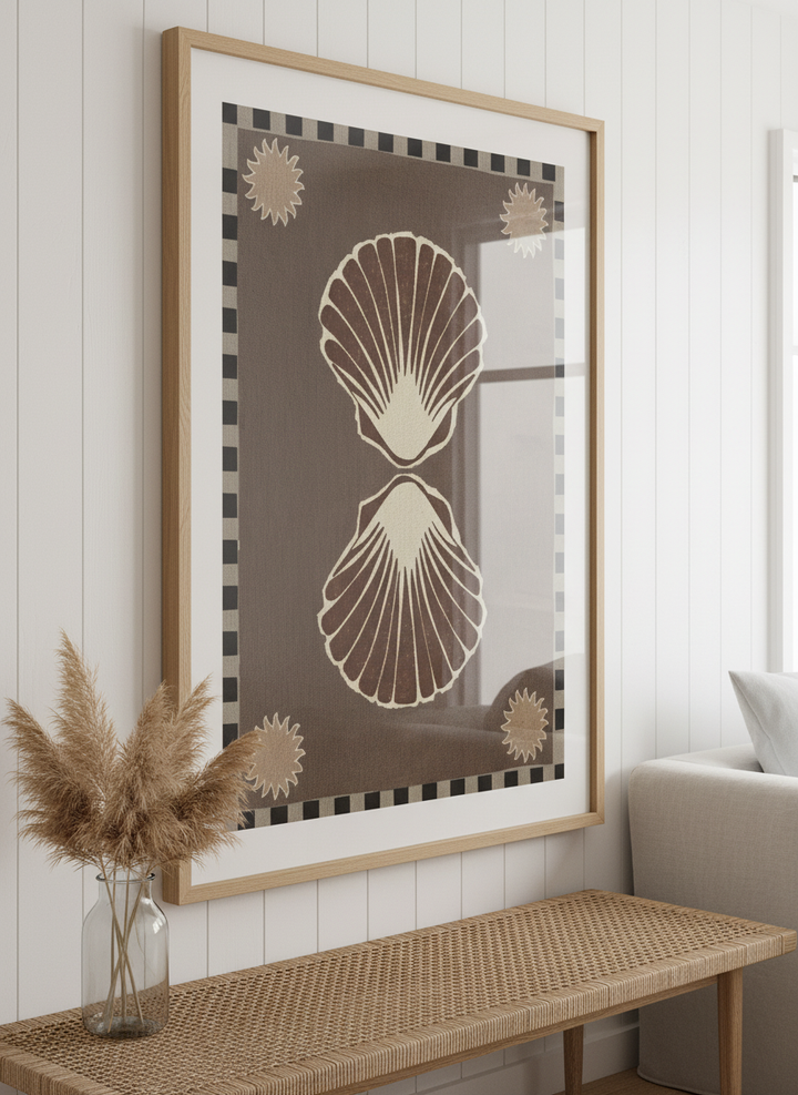 Neutral wall art displayed in a sunny coastal beach house