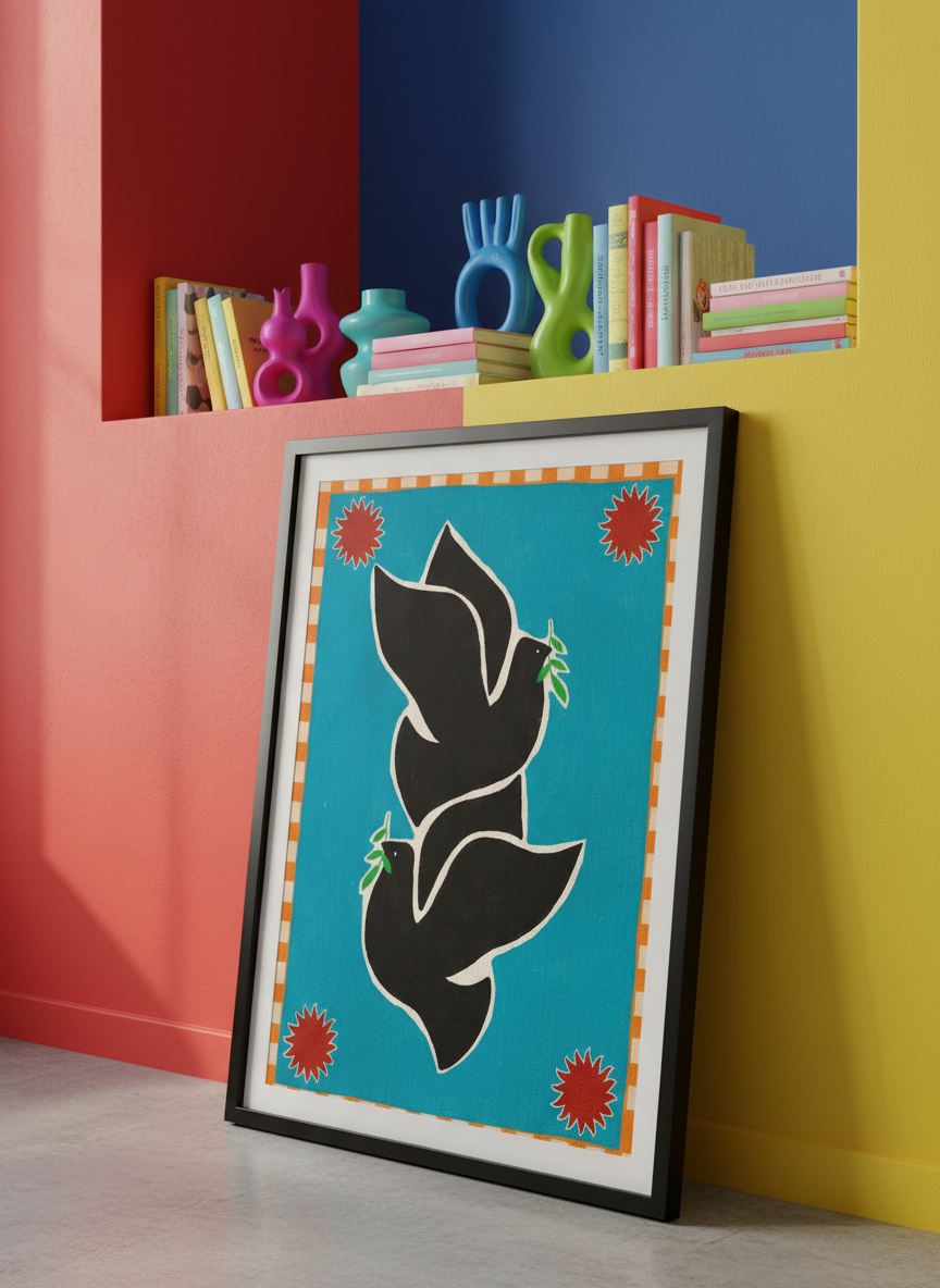 Bold wall art styled in a colourful, eclectic modern home