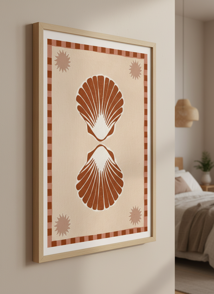Minimalist artwork displayed in a calm, light-filled bedroom interior