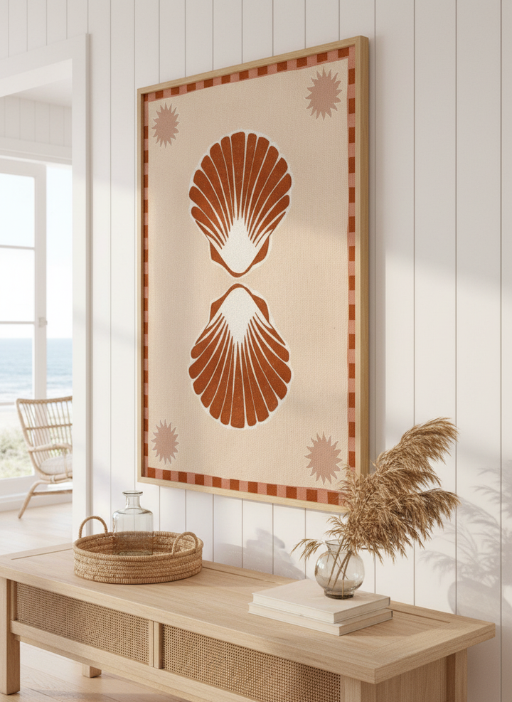 Neutral wall art displayed in a sunny coastal beach house