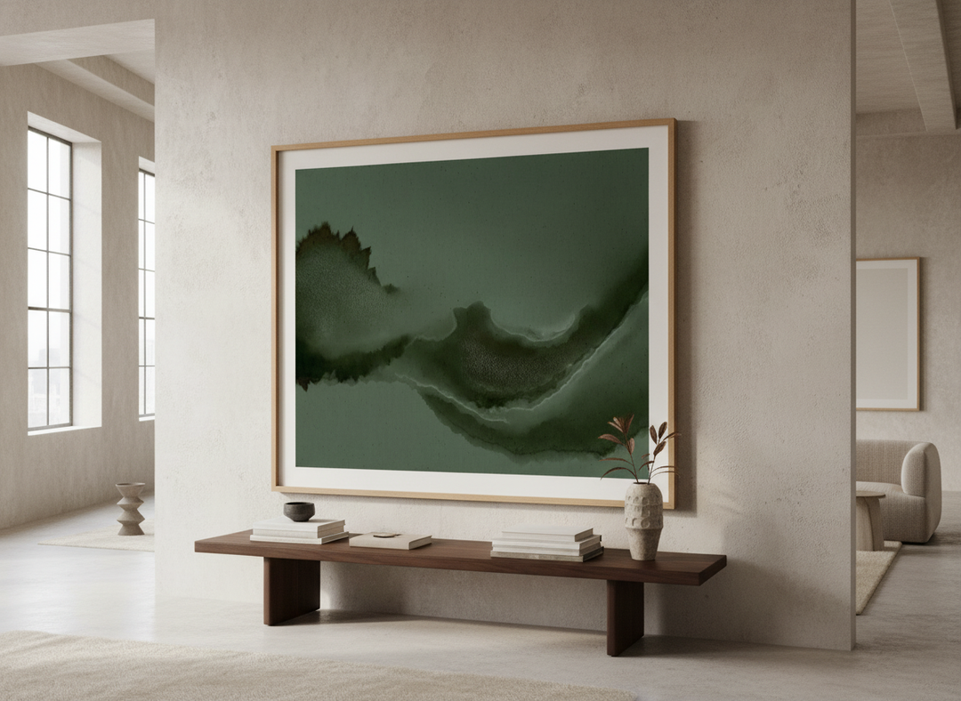 Monumental artwork centred on a feature wall in a luxe interior