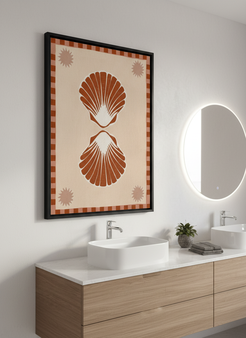 Modern print displayed in a clean minimalist bathroom setting