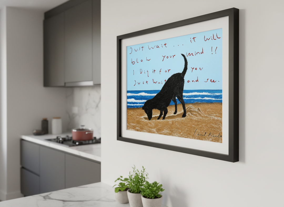 Artwork styled on the wall of a bright modern kitchen