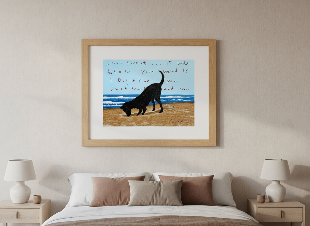 Minimalist artwork displayed in a calm, light-filled bedroom interior