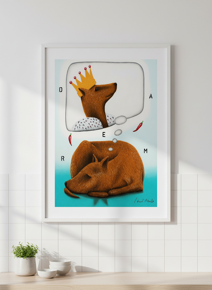 Artwork styled on the wall of a bright modern kitchen