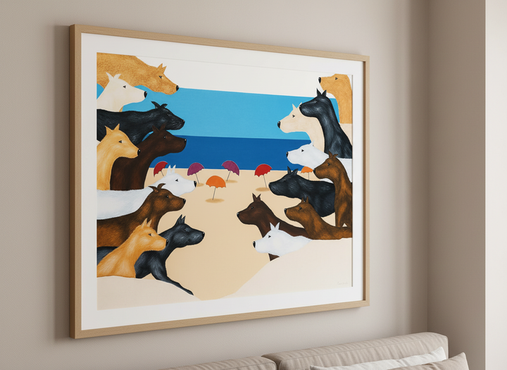 Minimalist artwork displayed in a calm, light-filled bedroom interior