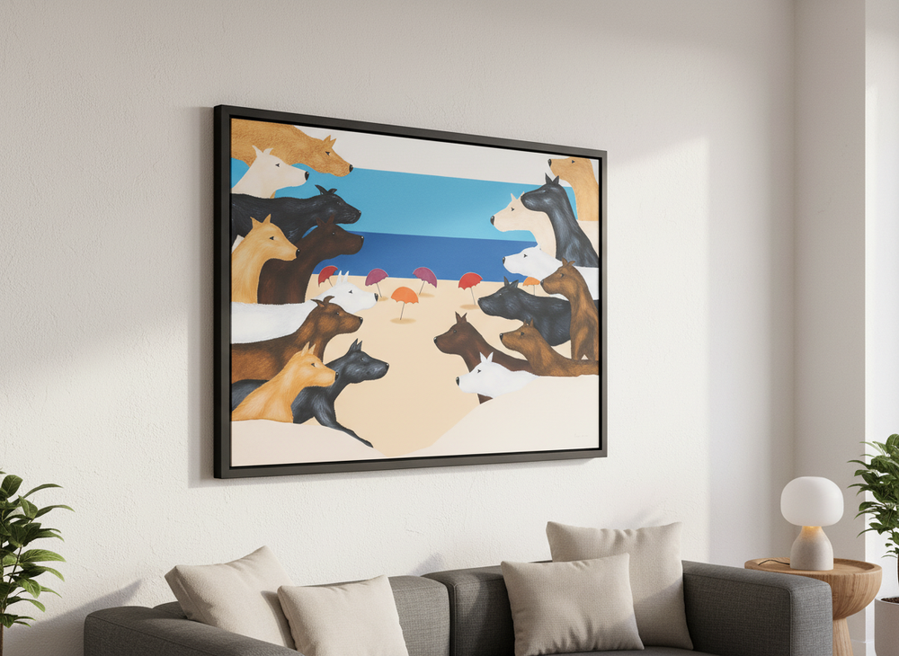 Modern wall art styled above a sofa in a neutral living room