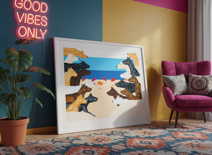 Bold wall art styled in a colourful, eclectic modern home