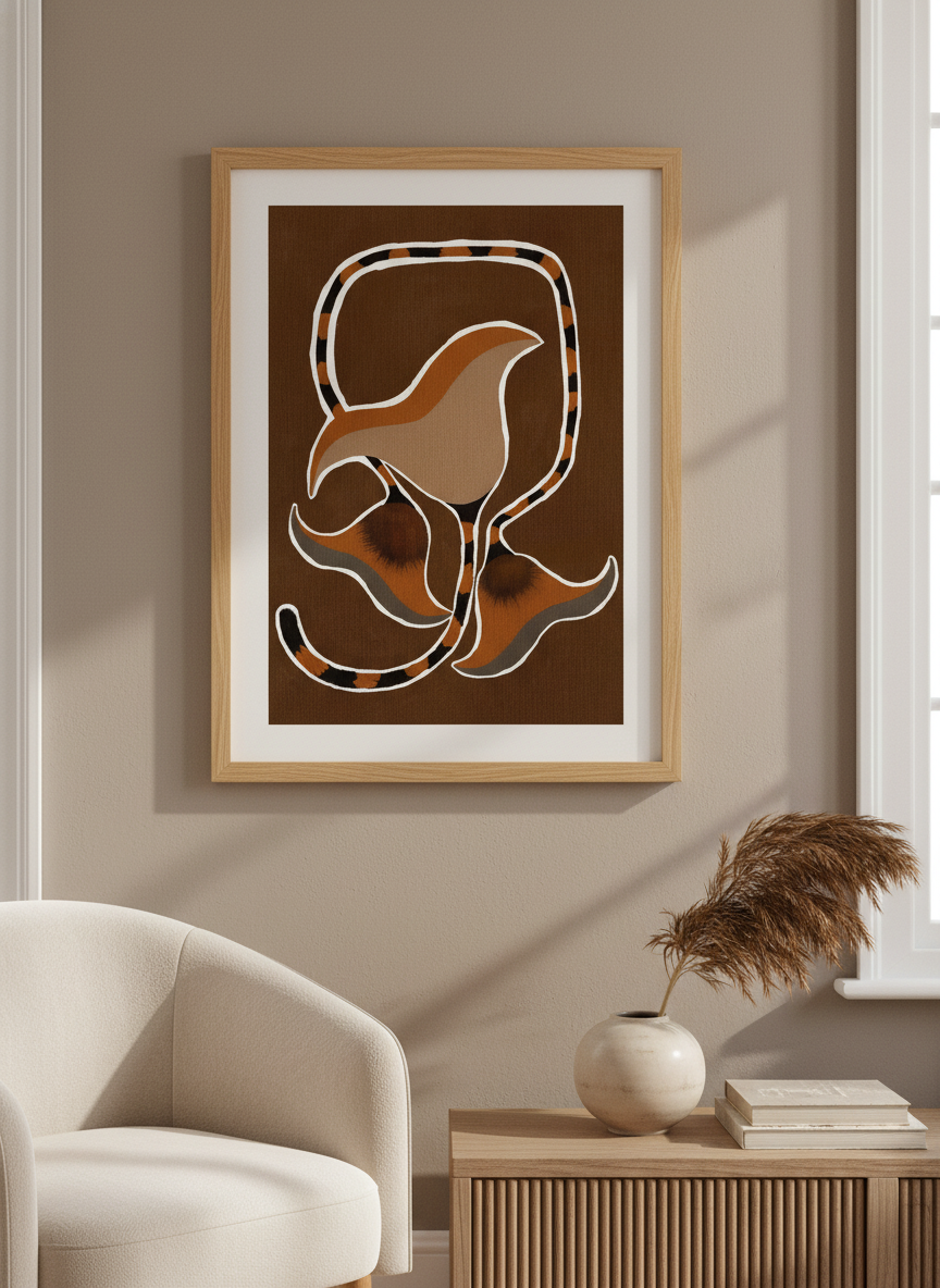 Modern wall art styled above a sofa in a neutral living room