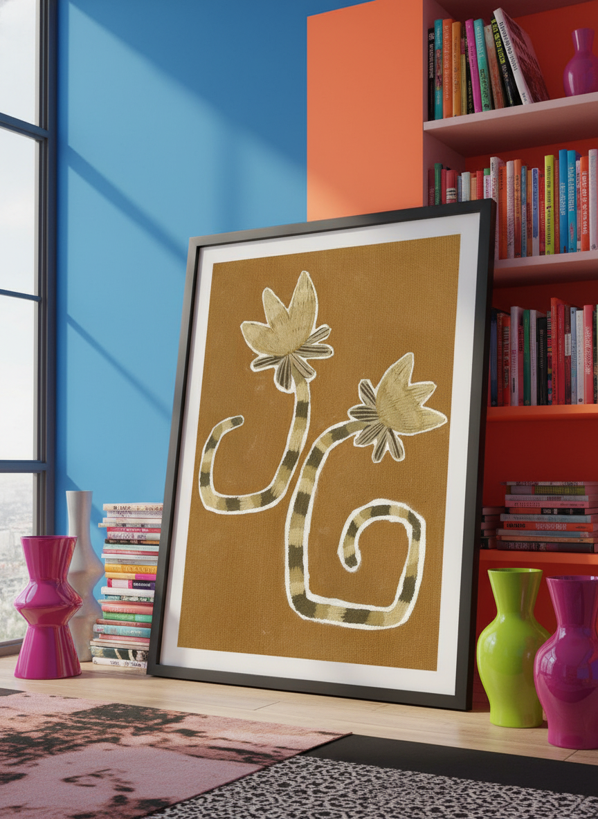 Bold wall art styled in a colourful, eclectic modern home
