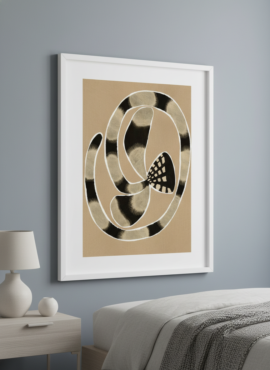 Minimalist artwork displayed in a calm, light-filled bedroom interior