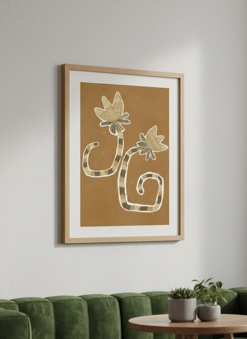 Modern wall art styled above a sofa in a neutral living room