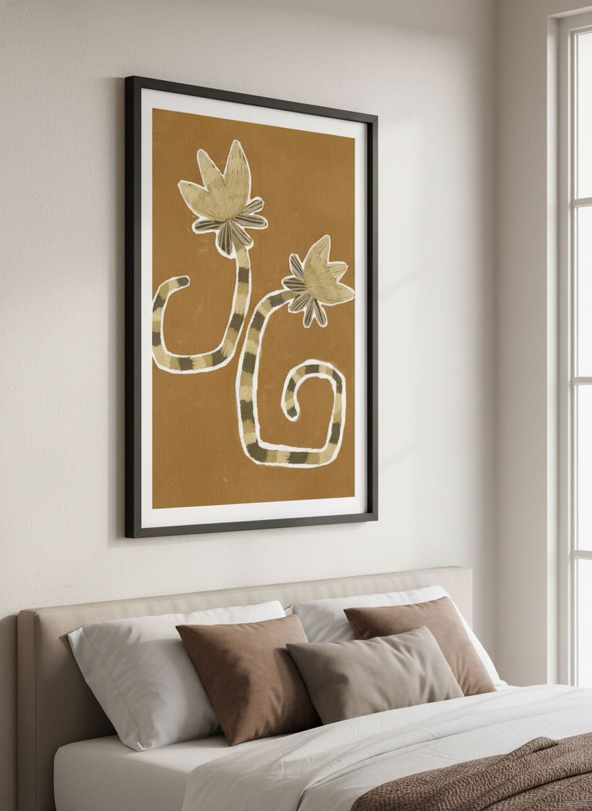 Minimalist artwork displayed in a calm, light-filled bedroom interior