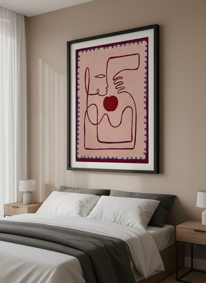 Minimalist artwork displayed in a calm, light-filled bedroom interior