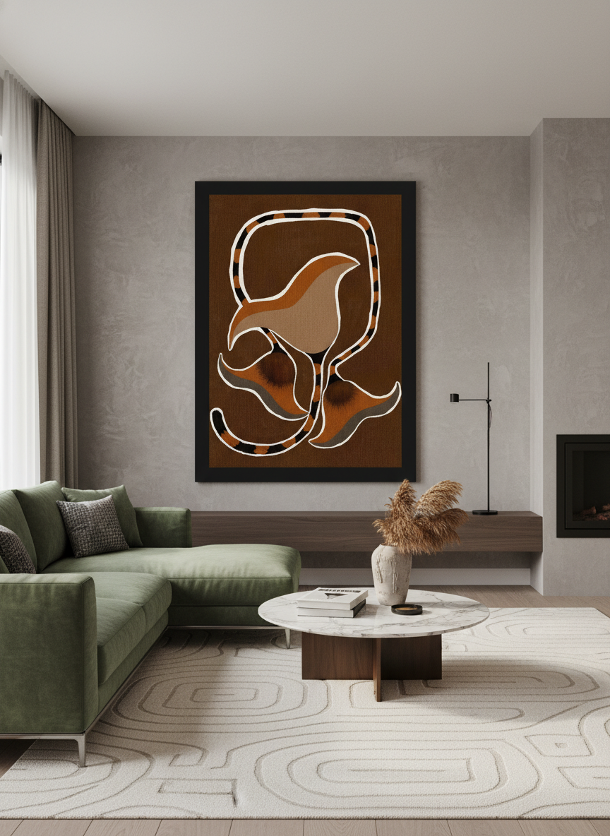 Monumental artwork centred on a feature wall in a luxe interior
