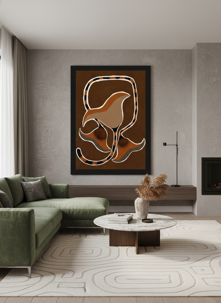 Monumental artwork centred on a feature wall in a luxe interior