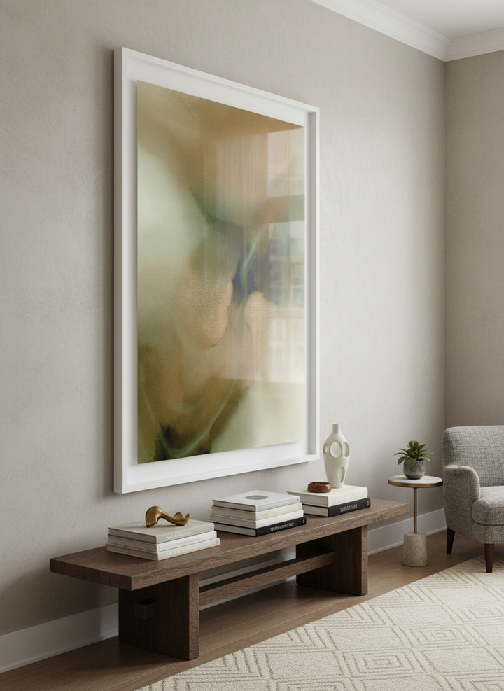 Monumental artwork centred on a feature wall in a luxe interior