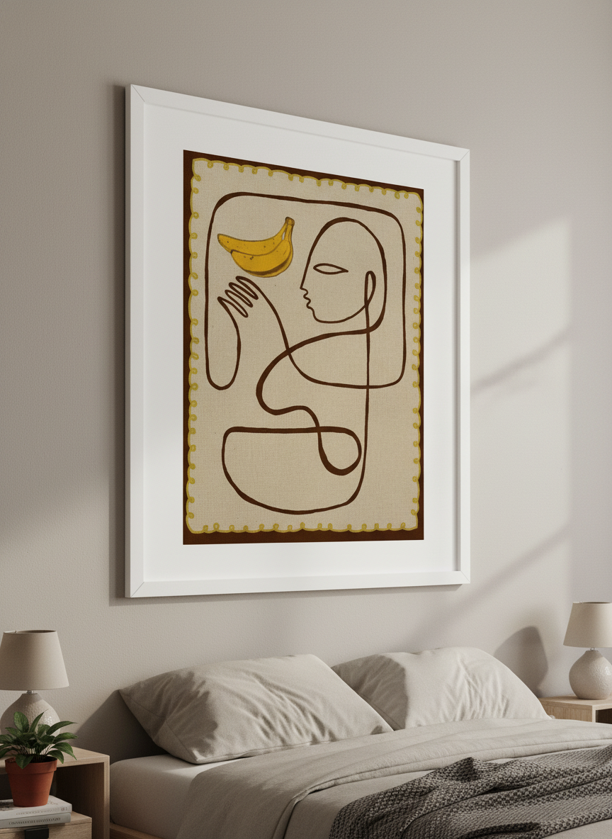 Minimalist artwork displayed in a calm, light-filled bedroom interior