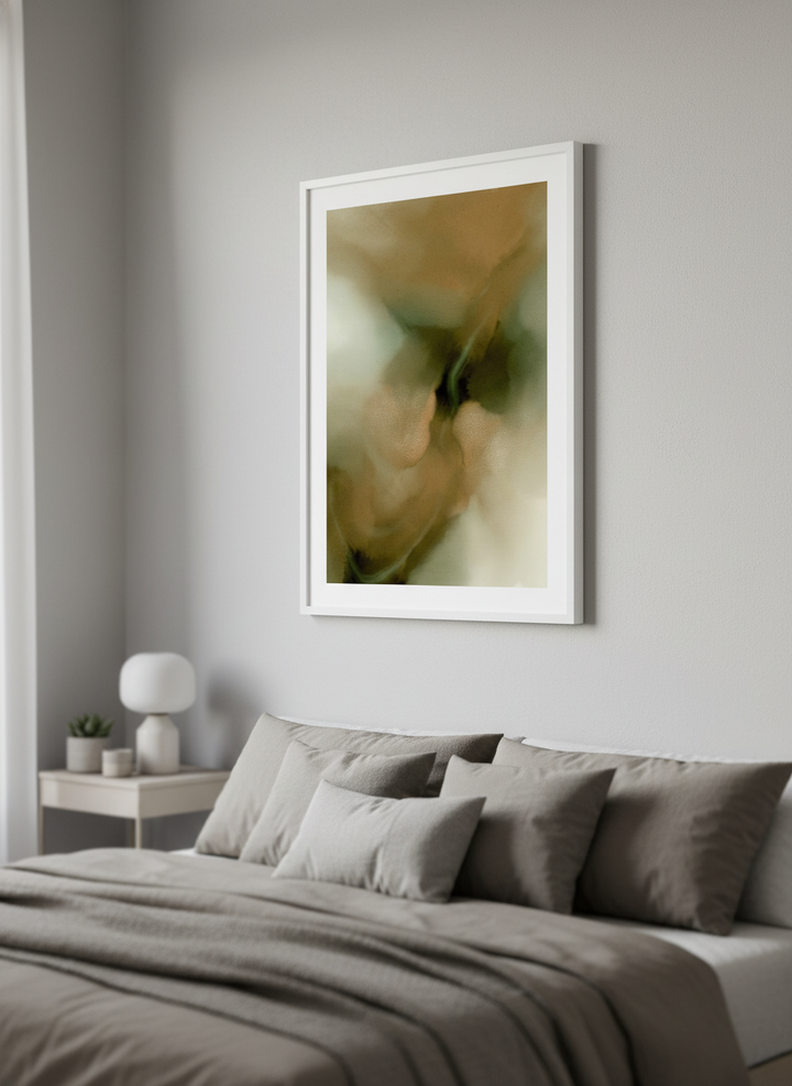 Minimalist artwork displayed in a calm, light-filled bedroom interior