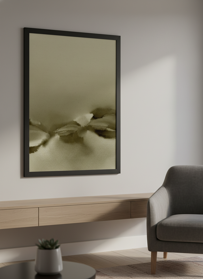 Modern wall art styled above a sofa in a neutral living room