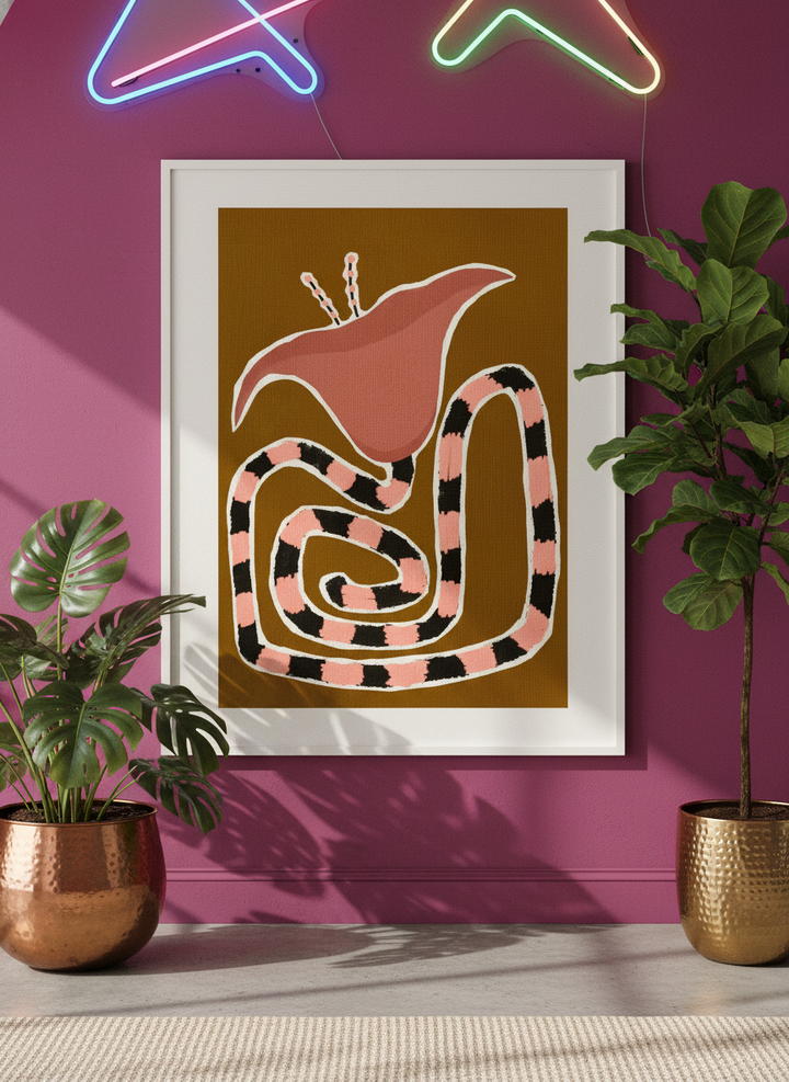 Bold wall art styled in a colourful, eclectic modern home