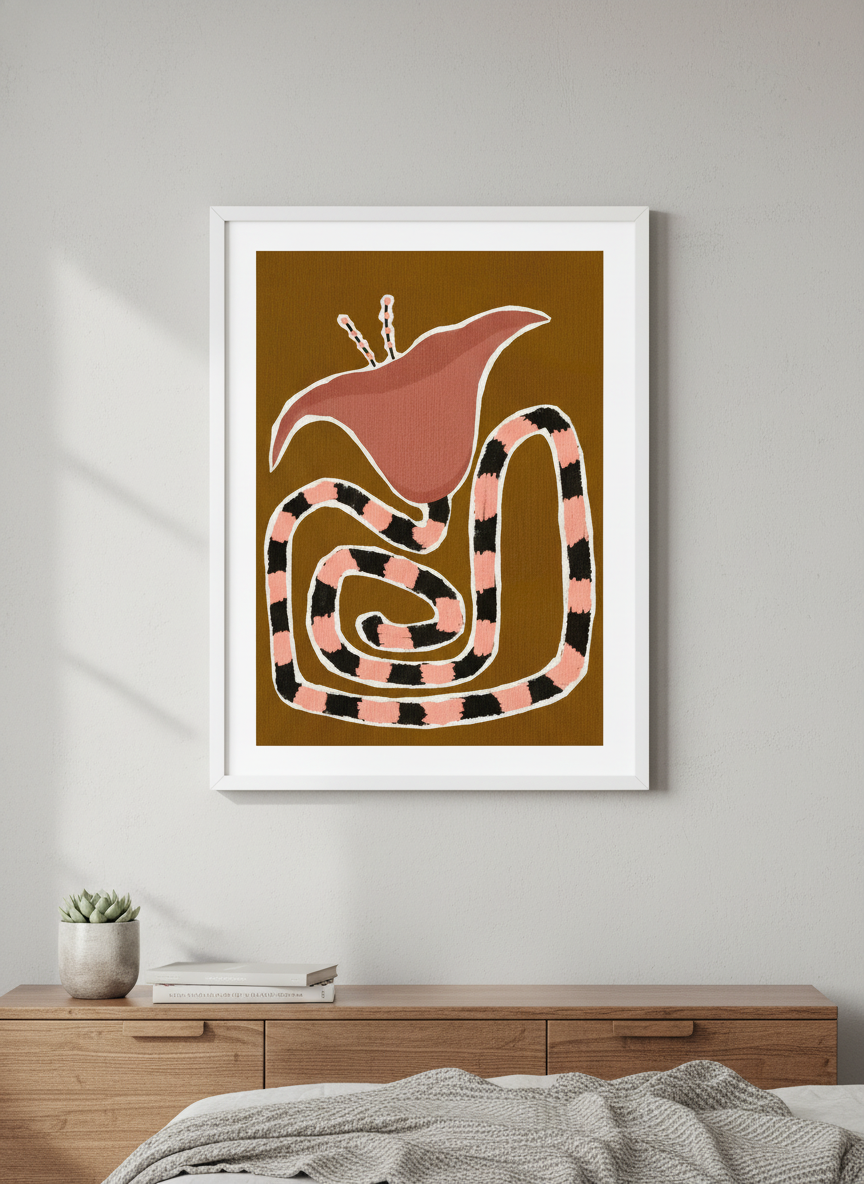Minimalist artwork displayed in a calm, light-filled bedroom interior
