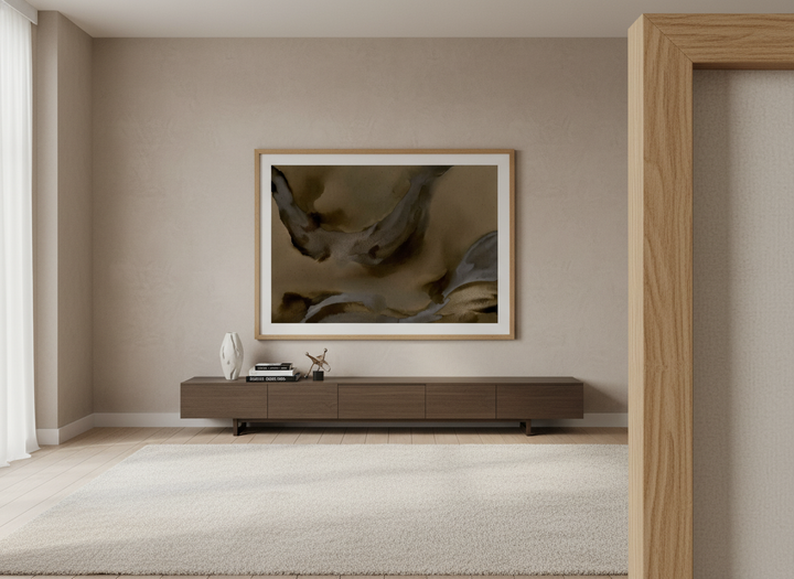 Monumental artwork centred on a feature wall in a luxe interior