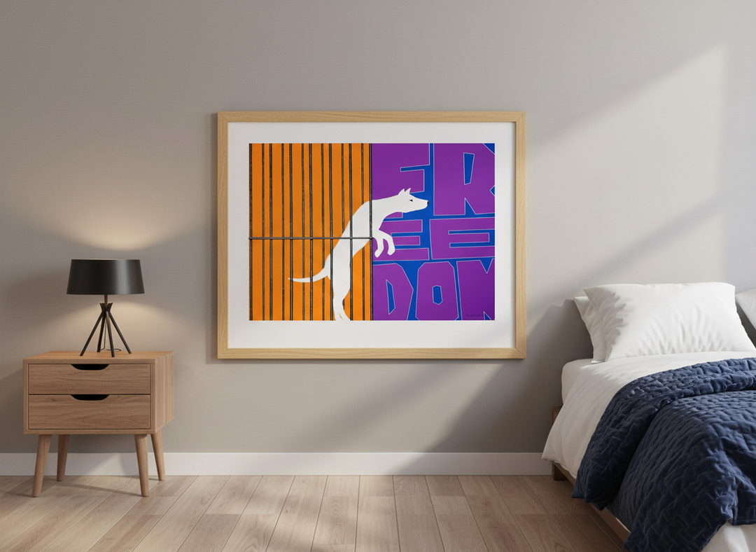Minimalist artwork displayed in a calm, light-filled bedroom interior
