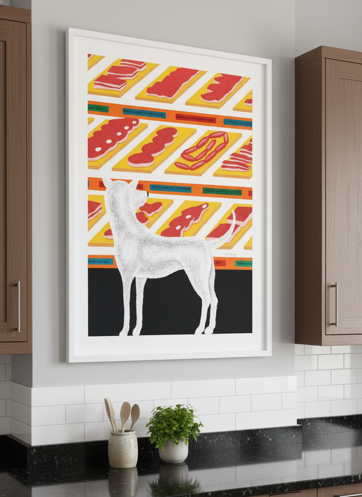 Artwork styled on the wall of a bright modern kitchen