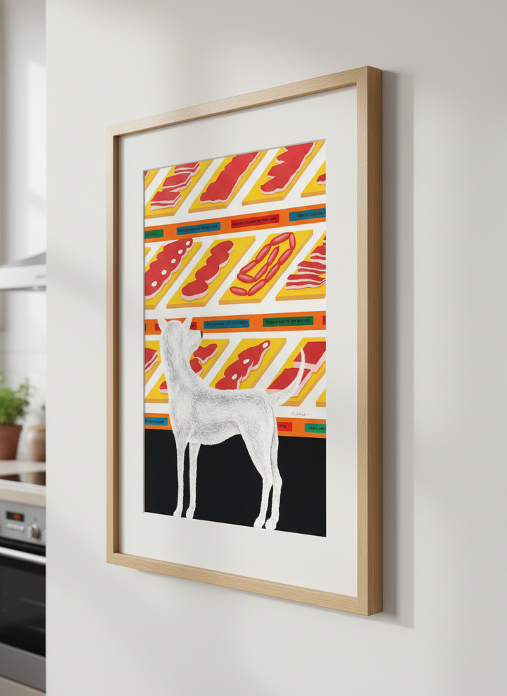 Artwork styled on the wall of a bright modern kitchen