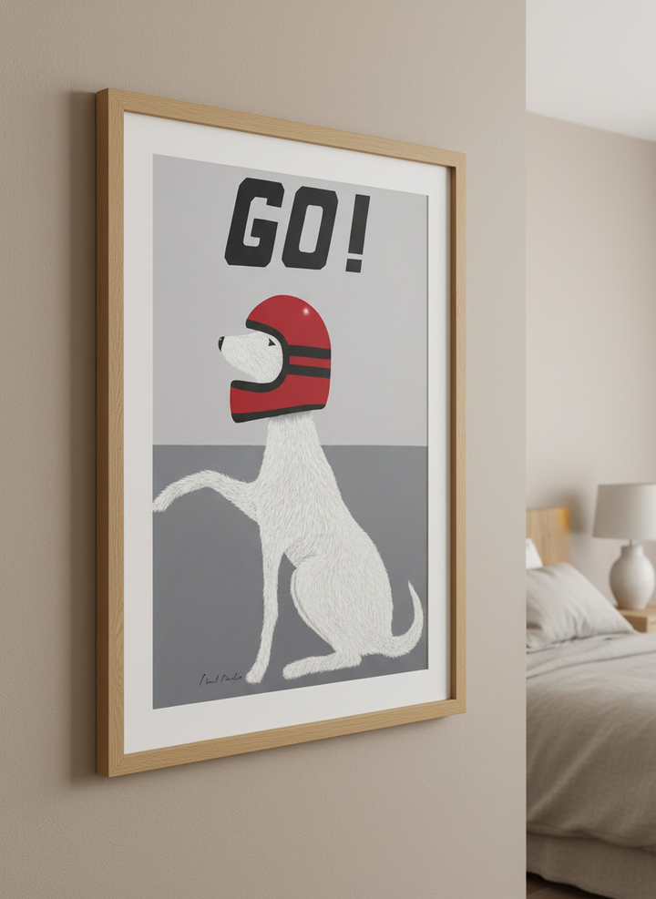 Minimalist artwork displayed in a calm, light-filled bedroom interior