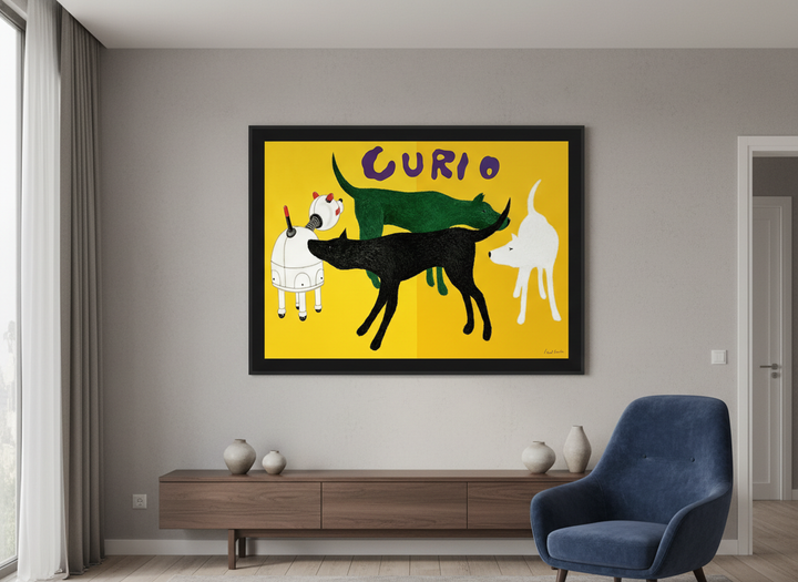 Modern wall art styled above a sofa in a neutral living room