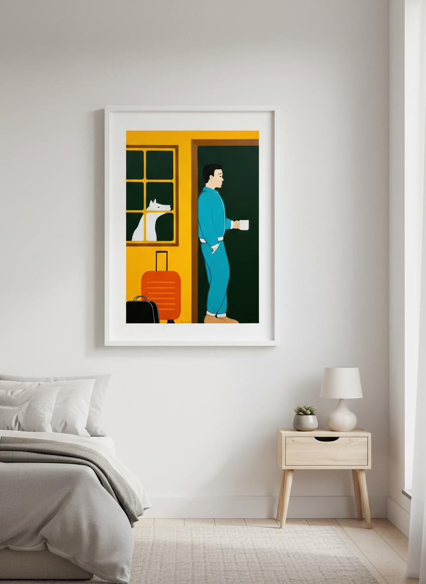 Minimalist artwork displayed in a calm, light-filled bedroom interior