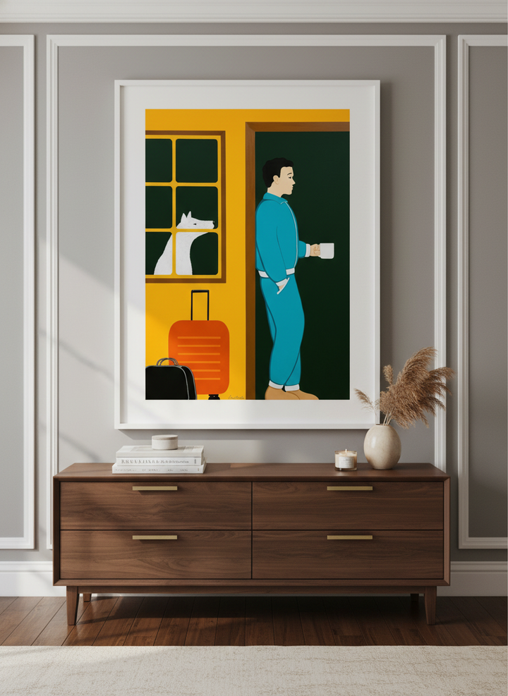 Monumental artwork centred on a feature wall in a luxe interior