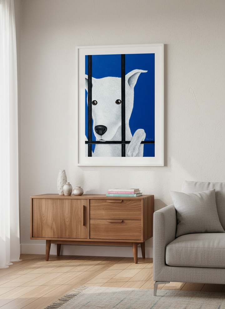 Artwork displayed above a credenza in a real-looking contemporary home