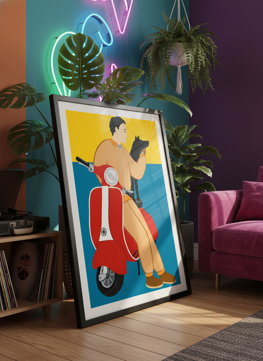 Bold wall art styled in a colourful, eclectic modern home