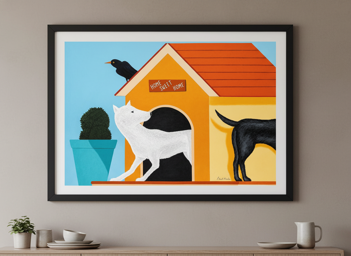 Artwork styled on the wall of a bright modern kitchen