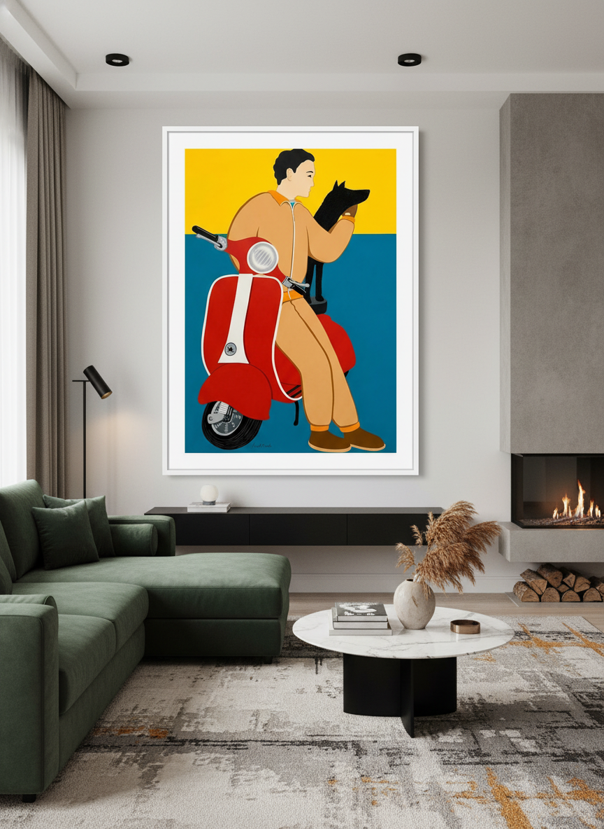Monumental artwork centred on a feature wall in a luxe interior