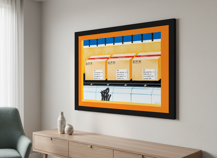 Modern wall art styled above a sofa in a neutral living room
