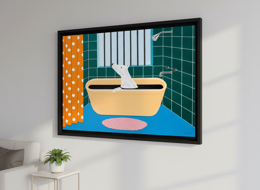 Modern wall art styled above a sofa in a neutral living room