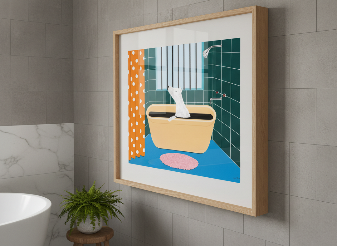Modern print displayed in a clean minimalist bathroom setting