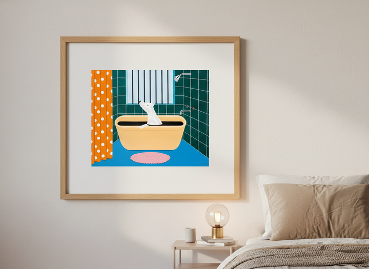 Minimalist artwork displayed in a calm, light-filled bedroom interior