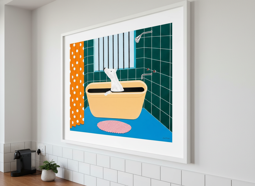 Artwork styled on the wall of a bright modern kitchen