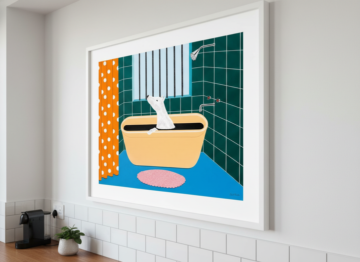 Artwork styled on the wall of a bright modern kitchen