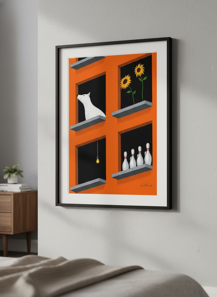 Minimalist artwork displayed in a calm, light-filled bedroom interior