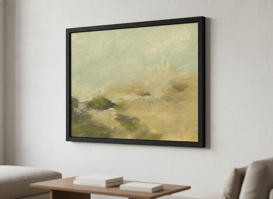 Modern wall art styled above a sofa in a neutral living room