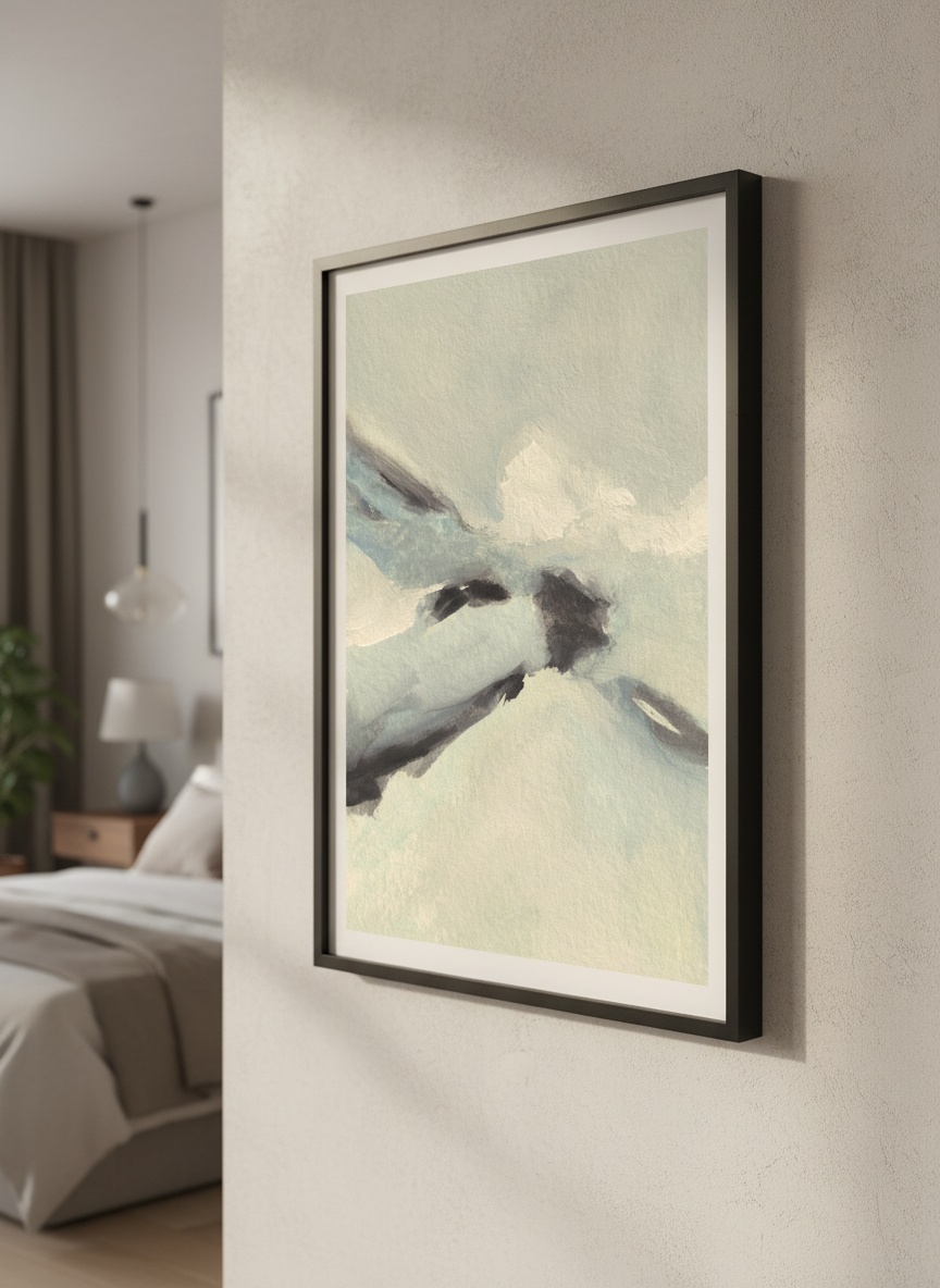 Minimalist artwork displayed in a calm, light-filled bedroom interior